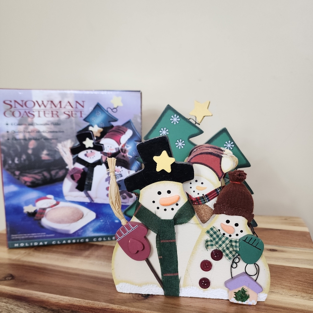Set of 6 Christmas Snowman Coaster Set with Decorative Holder